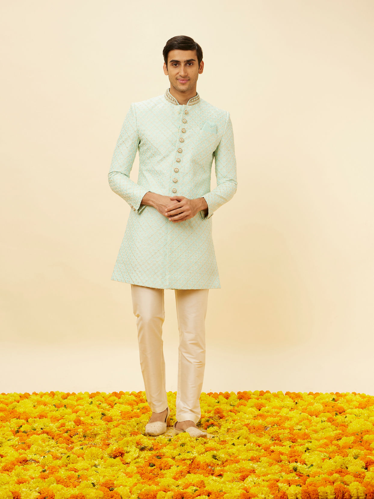 alt message - Manyavar Men Aqua Green Diamond Patterned Indo Western Set image number 2