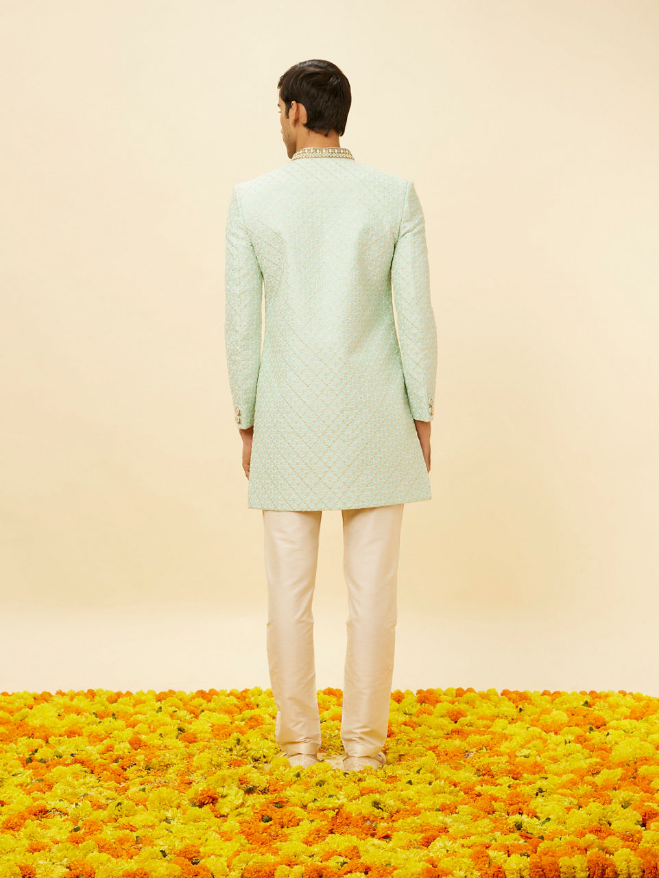 Manyavar Men Aqua Green Diamond Patterned Indo Western Set