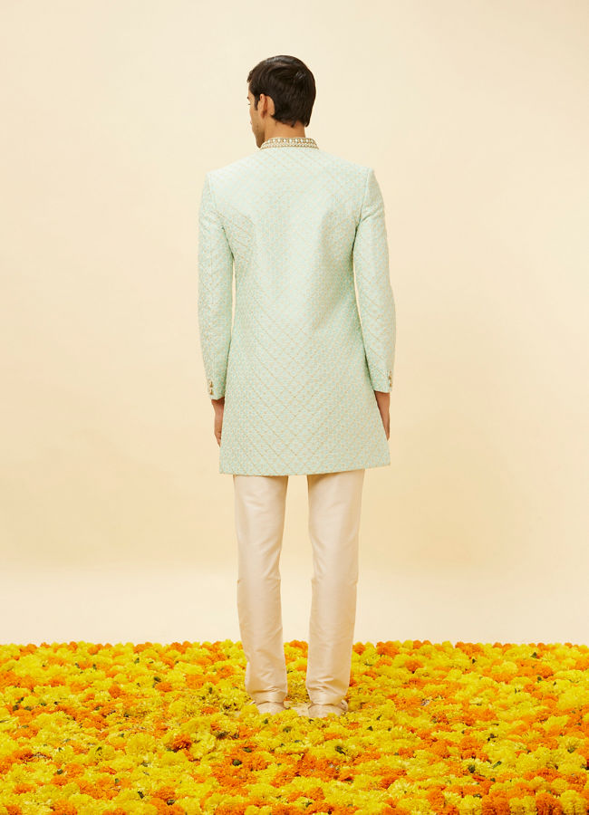Manyavar Men Aqua Green Diamond Patterned Indo Western Set