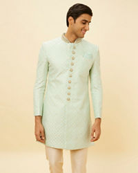 Manyavar Men Aqua Green Diamond Patterned Indo Western Set