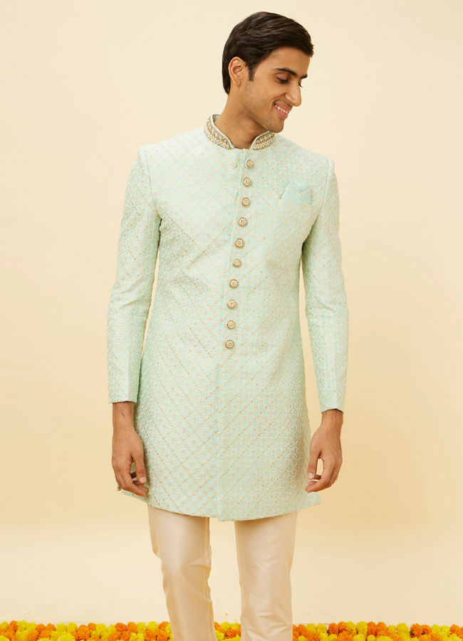 alt message - Manyavar Men Aqua Green Diamond Patterned Indo Western Set image number 0