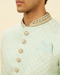 Manyavar Men Aqua Green Diamond Patterned Indo Western Set