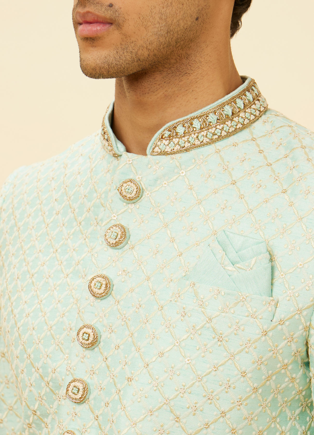 Manyavar Men Aqua Green Diamond Patterned Indo Western Set