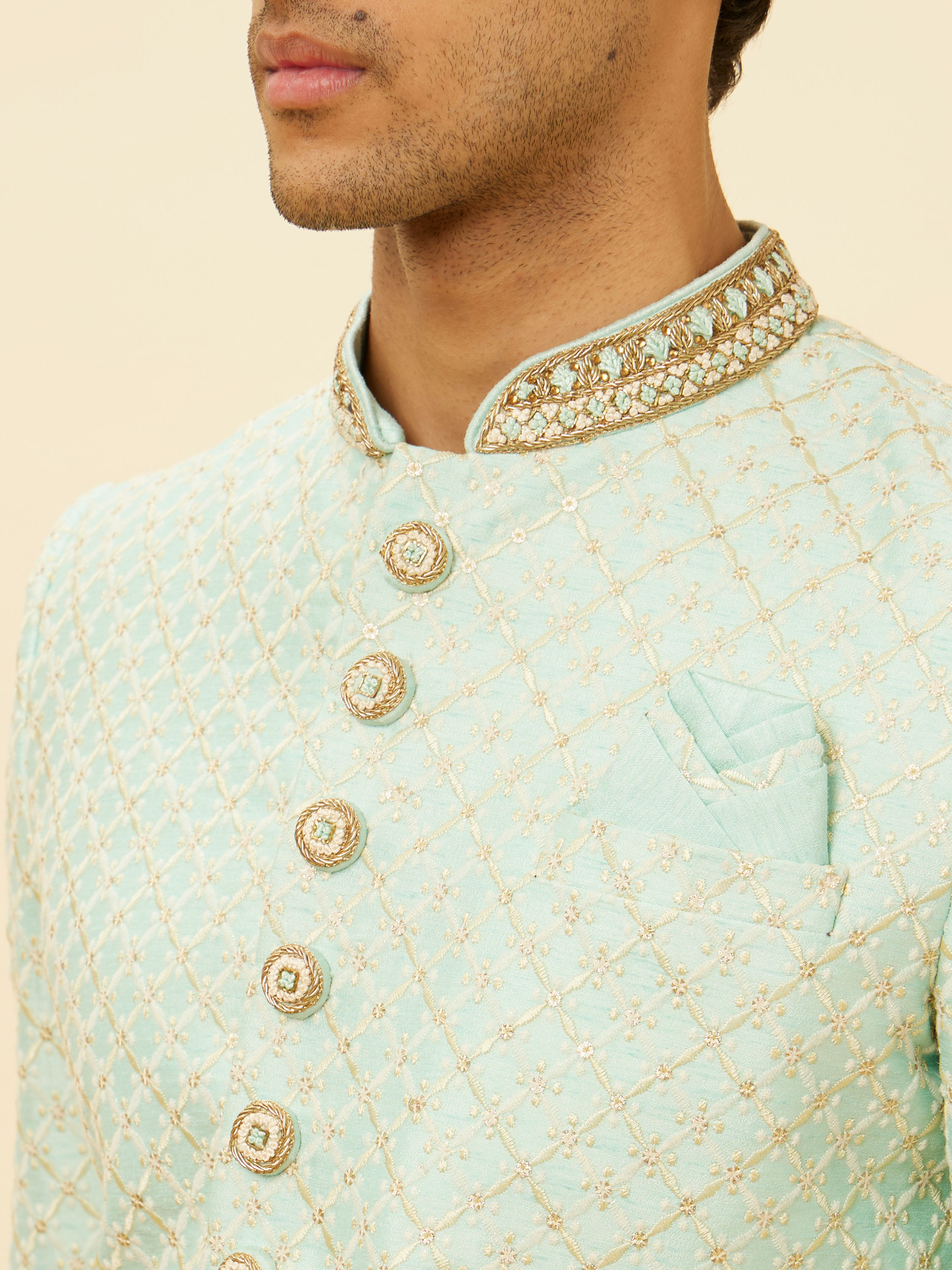 Manyavar Men Aqua Green Diamond Patterned Indo Western Set