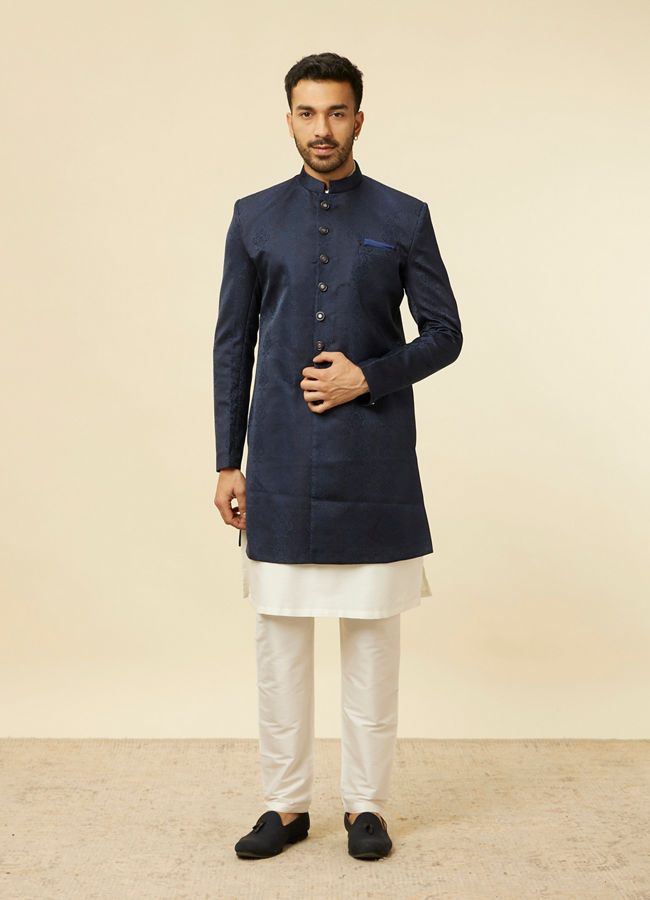 Manyavar Men Blue Brocade Jacquard Self Design Indo Western