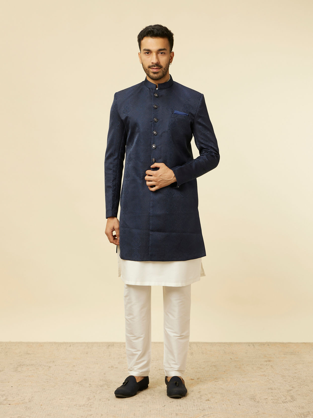 Manyavar Men Blue Brocade Jacquard Self Design Indo Western