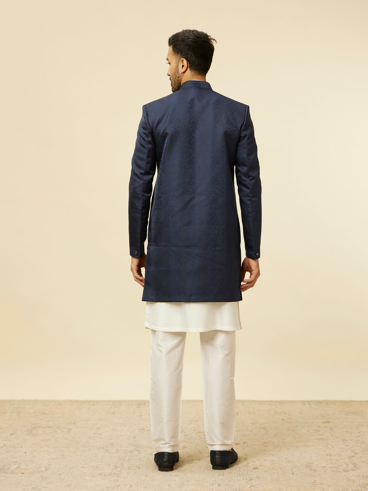 Manyavar Men Blue Brocade Jacquard Self Design Indo Western