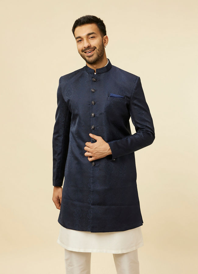 Manyavar Men Blue Brocade Jacquard Self Design Indo Western