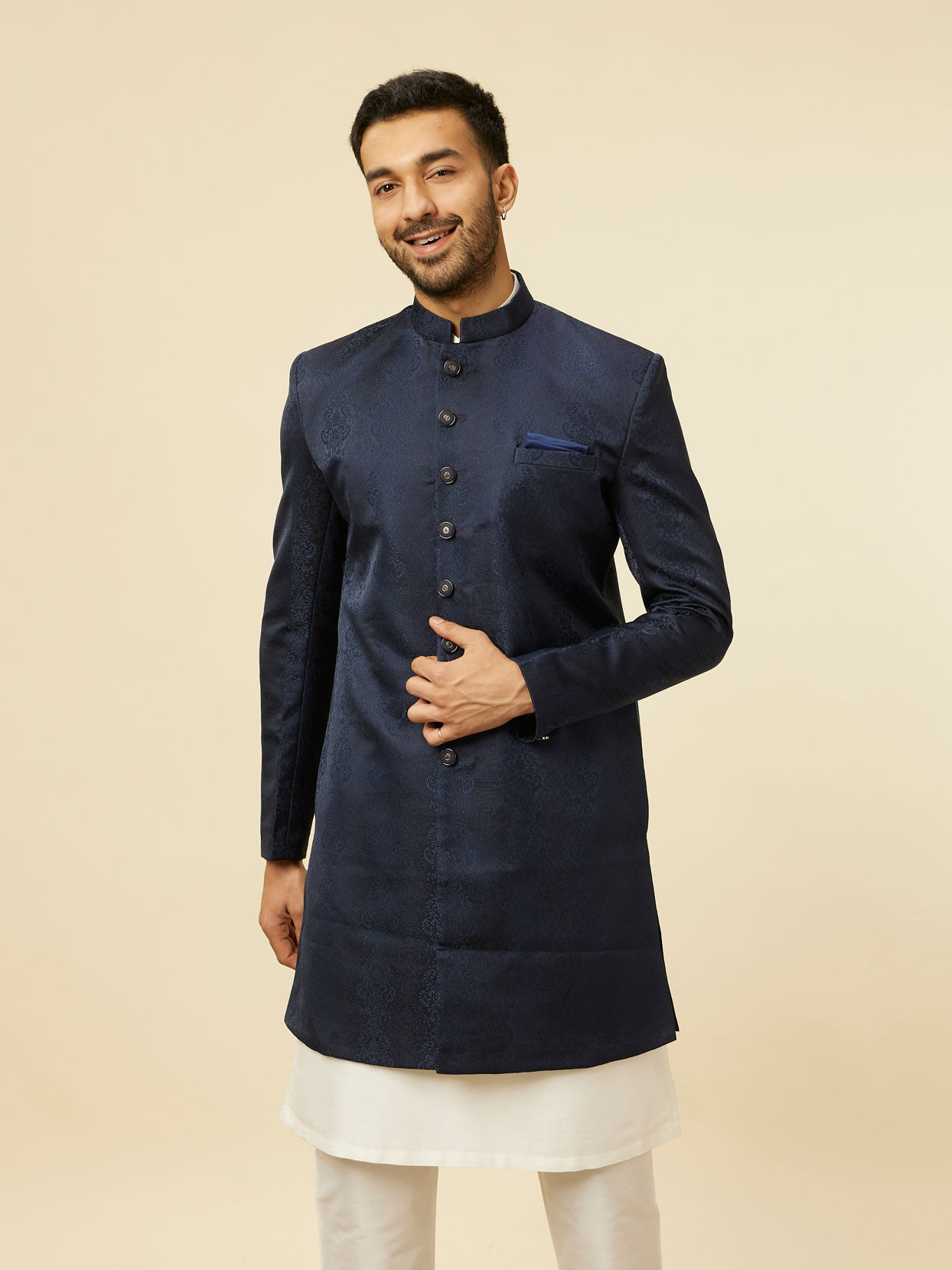 Manyavar Men Blue Brocade Jacquard Self Design Indo Western