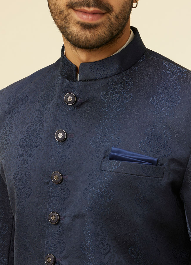 Manyavar Men Blue Brocade Jacquard Self Design Indo Western