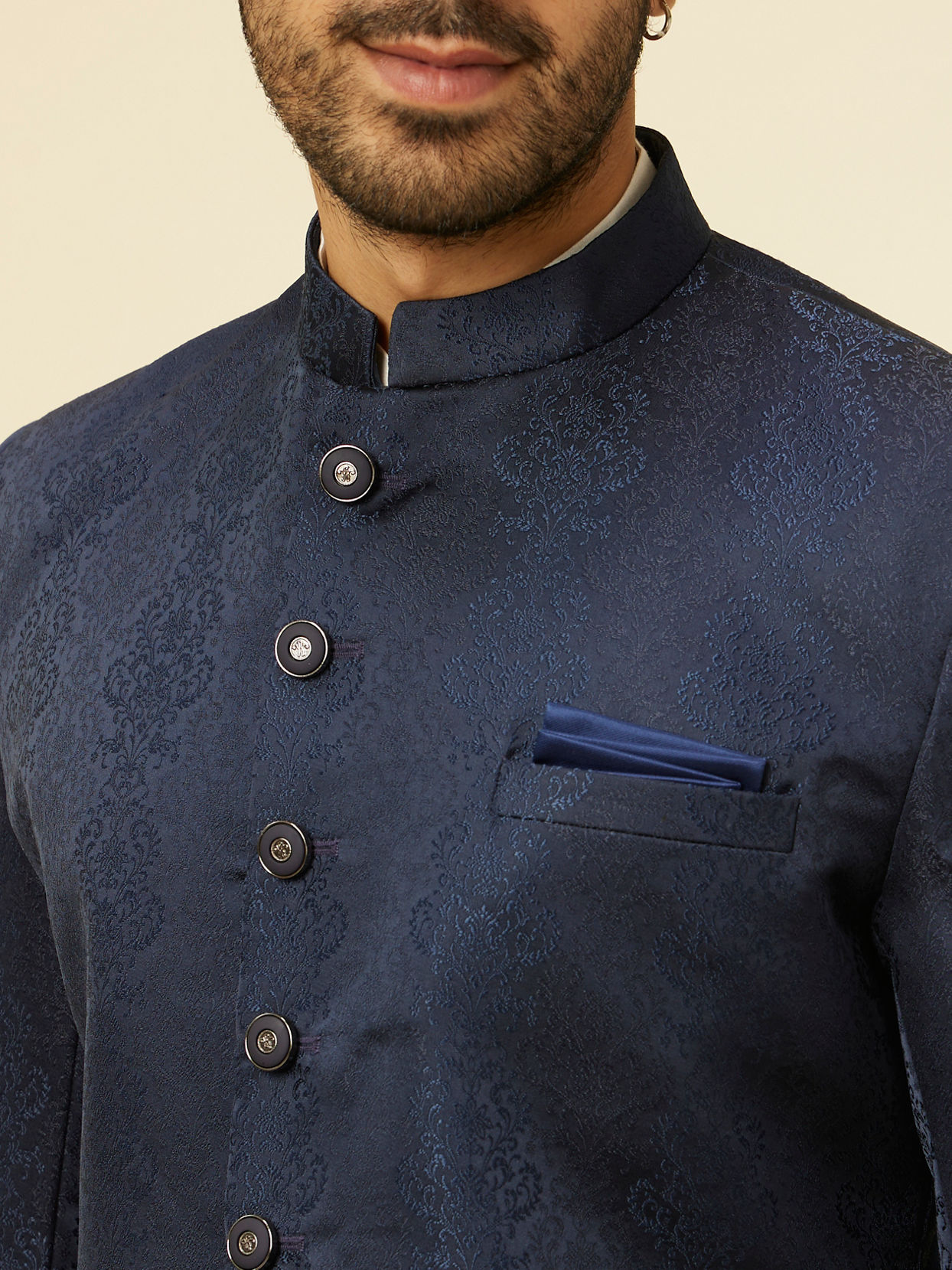 Manyavar Men Blue Brocade Jacquard Self Design Indo Western