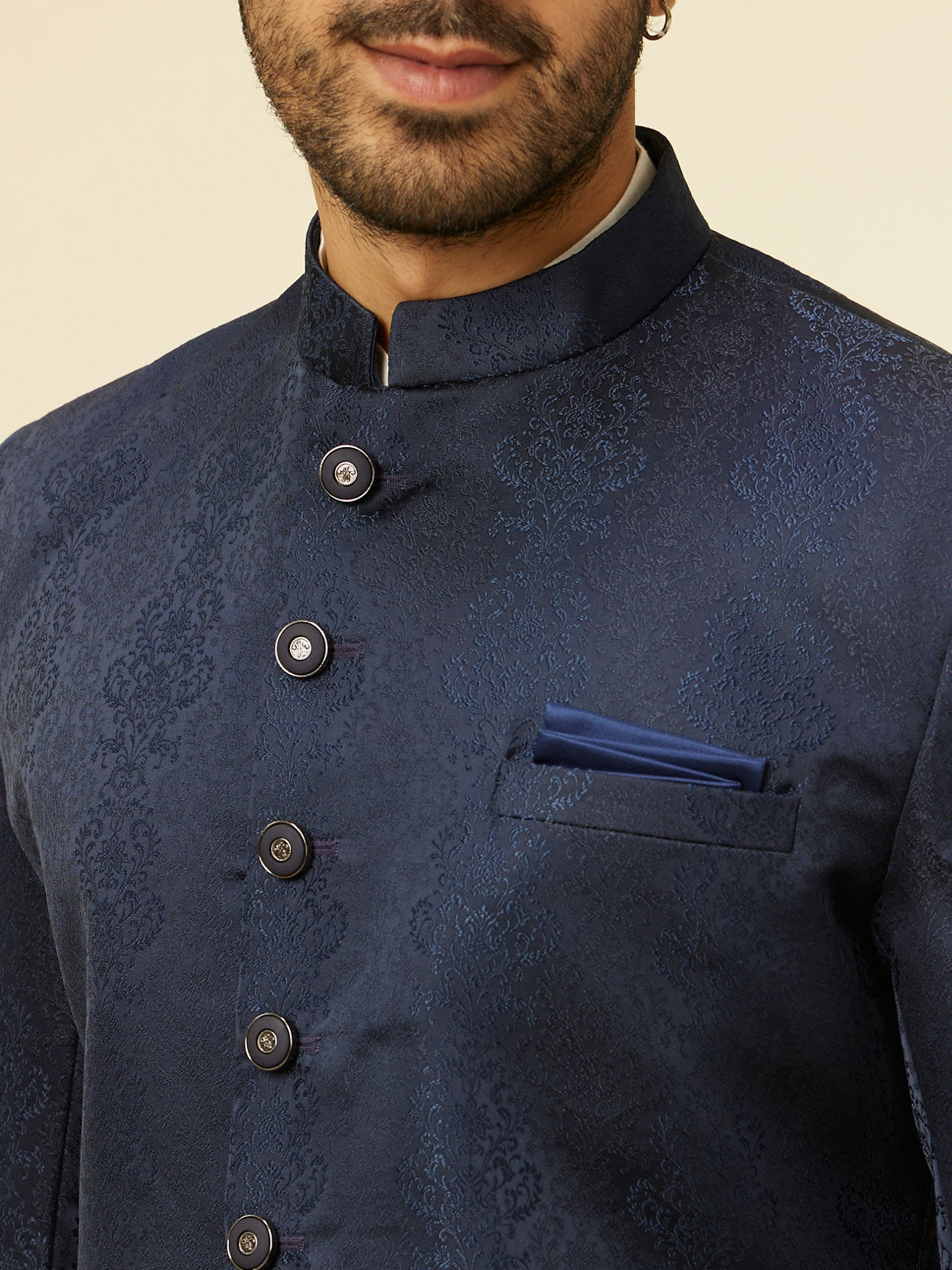 Manyavar Men Blue Brocade Jacquard Self Design Indo Western image number 1