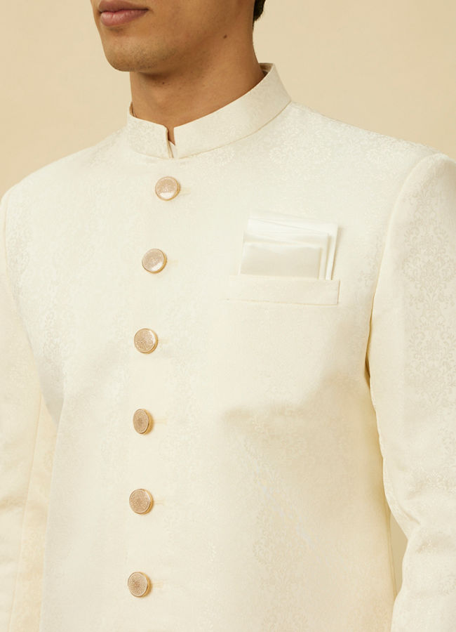 Manyavar Men Cream Pink Medallion Patterned Indo Western Set