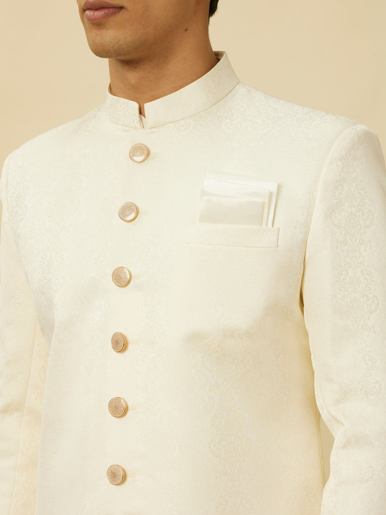 Manyavar Men Cream Pink Medallion Patterned Indo Western Set