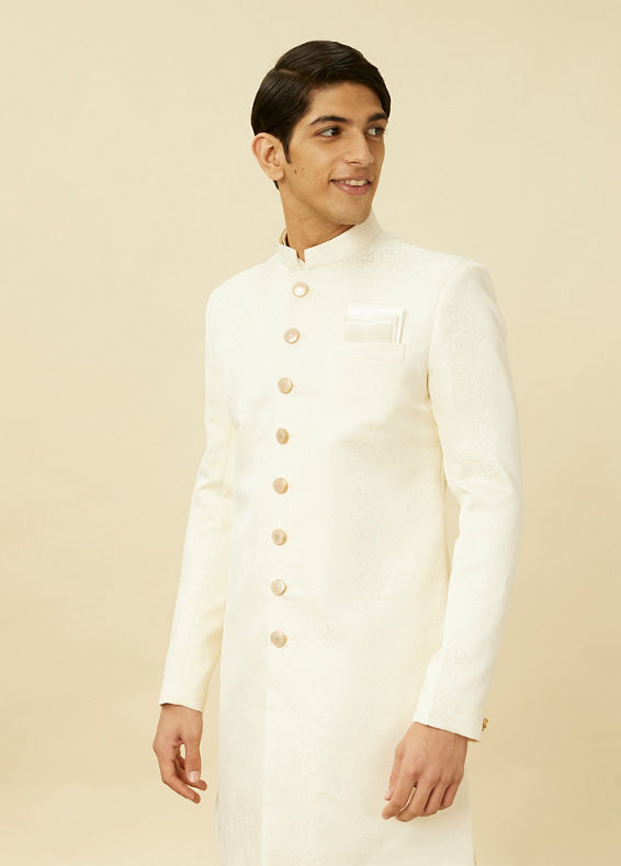Manyavar Men Cream Pink Medallion Patterned Indo Western Set