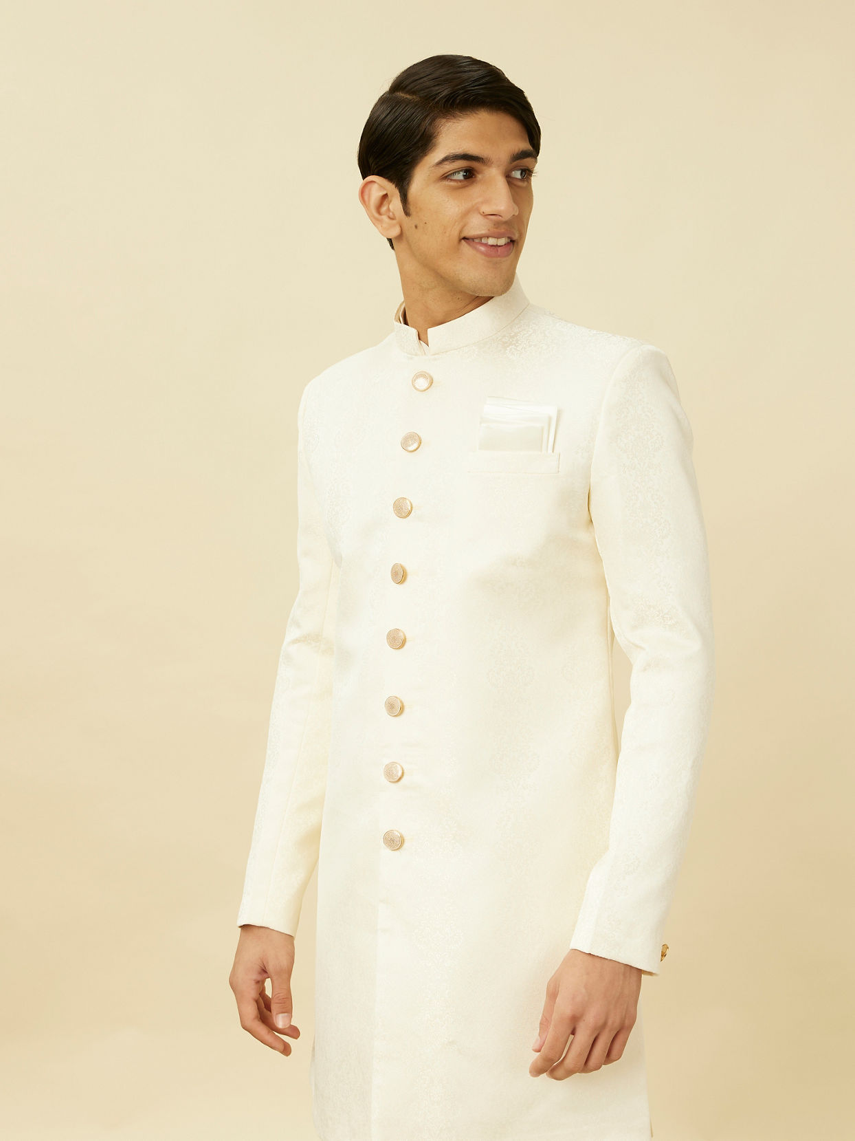 Manyavar Men Cream Pink Medallion Patterned Indo Western Set