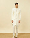 Manyavar Men Cream Pink Medallion Patterned Indo Western Set