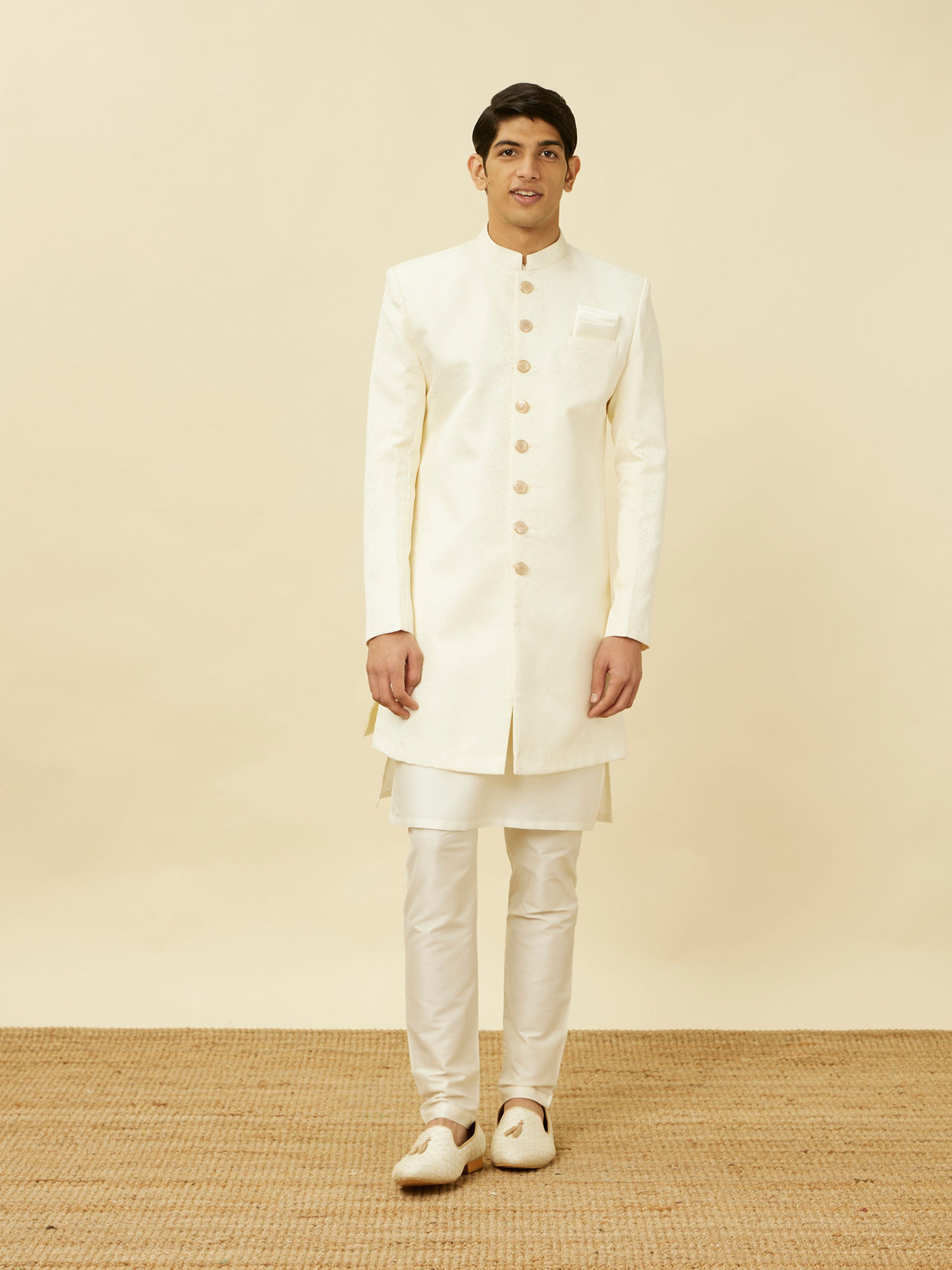 Manyavar Men Cream Pink Medallion Patterned Indo Western Set