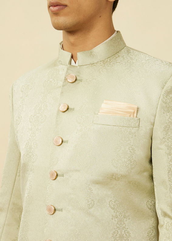 Manyavar Men Sage Green Medallion Patterned Indo Western Set