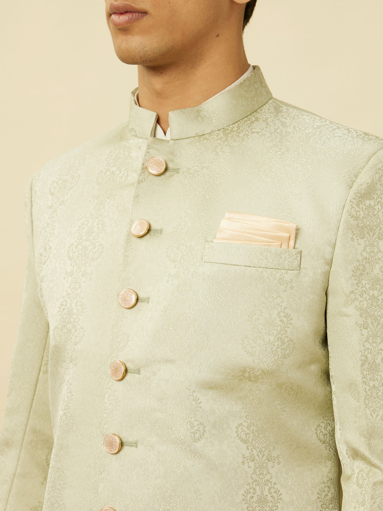 Manyavar Men Sage Green Medallion Patterned Indo Western Set