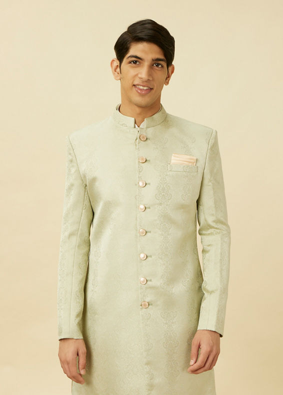 Manyavar Men Sage Green Medallion Patterned Indo Western Set