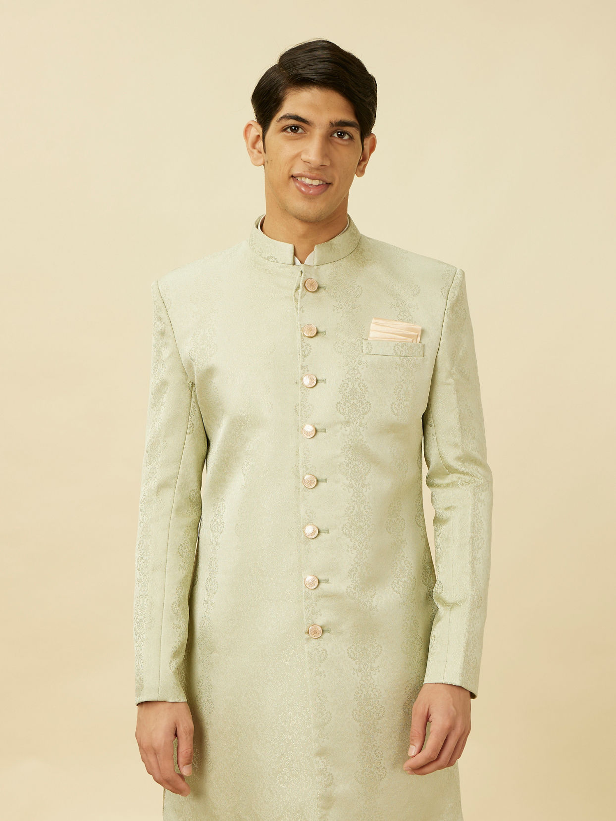 Manyavar Men Sage Green Medallion Patterned Indo Western Set