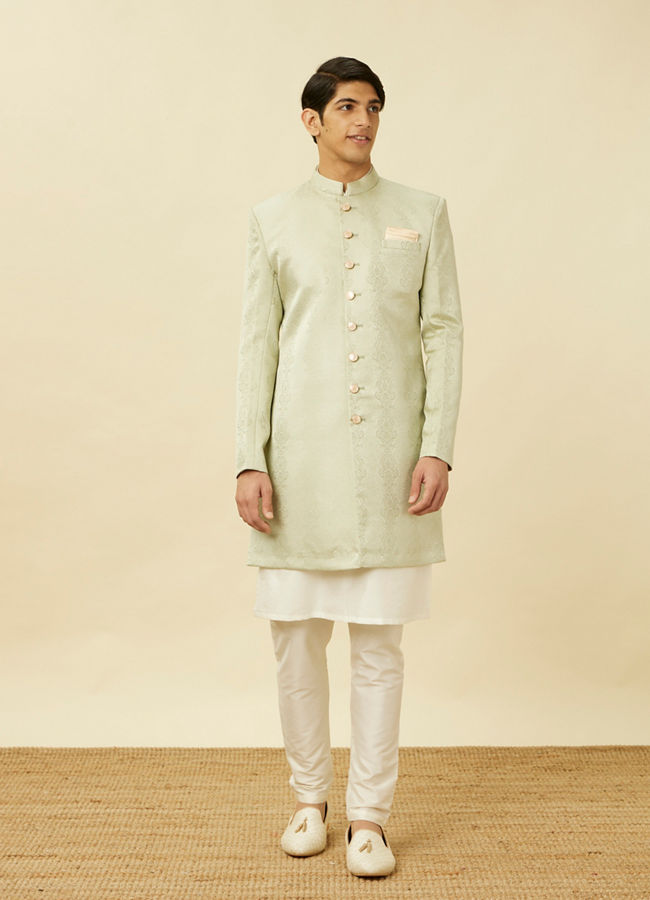 Manyavar Men Sage Green Medallion Patterned Indo Western Set