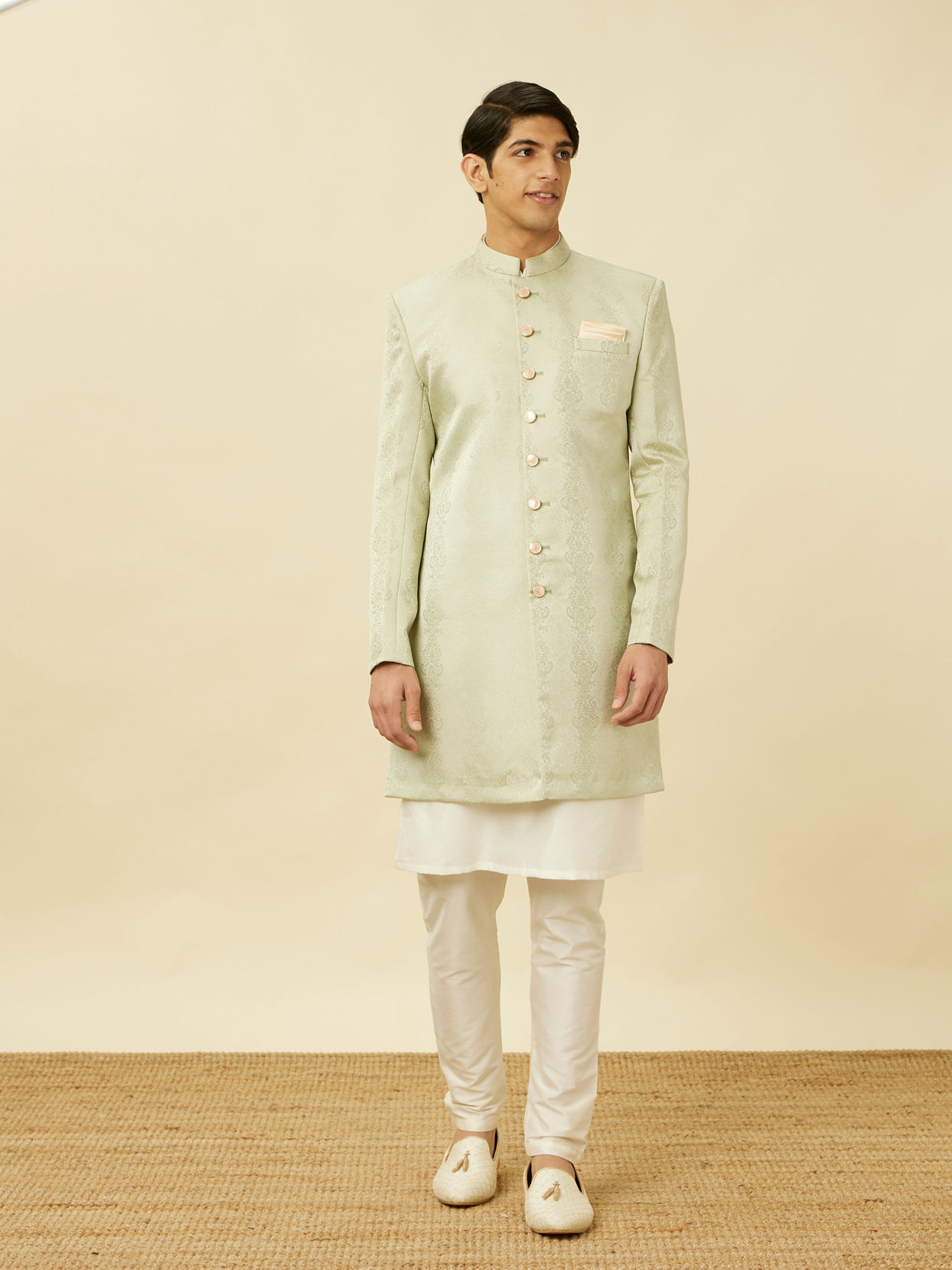 Manyavar Men Sage Green Medallion Patterned Indo Western Set