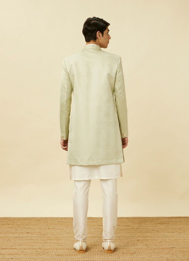 Manyavar Men Sage Green Medallion Patterned Indo Western Set