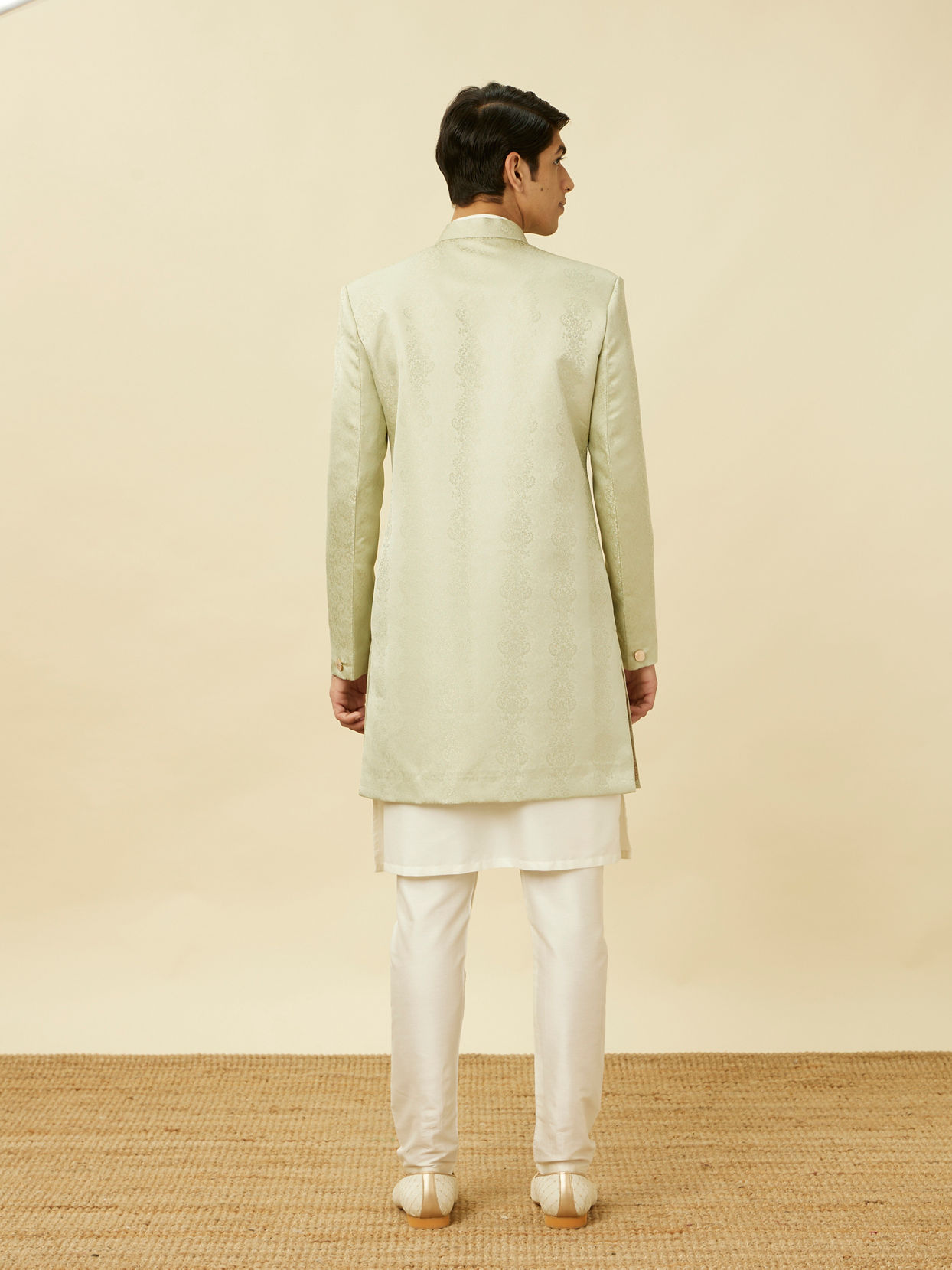 Manyavar Men Sage Green Medallion Patterned Indo Western Set
