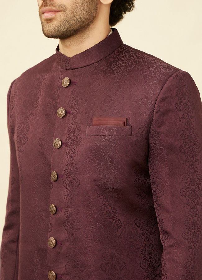 Manyavar Men Mauve Wine Medallion Patterned Indo Western Set