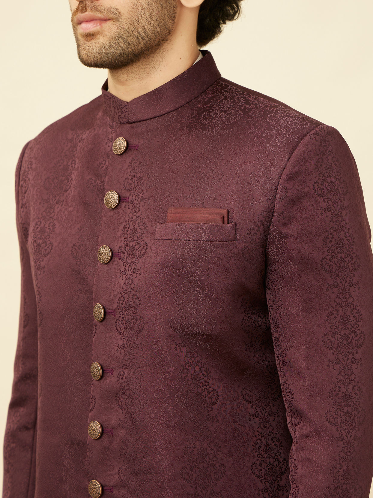 Manyavar Men Mauve Wine Medallion Patterned Indo Western Set image number 1