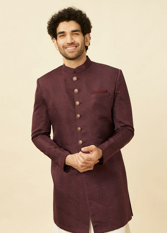 Manyavar Men Mauve Wine Medallion Patterned Indo Western Set