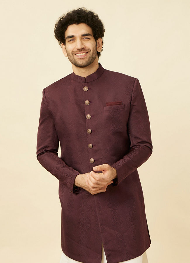Manyavar Men Mauve Wine Medallion Patterned Indo Western Set