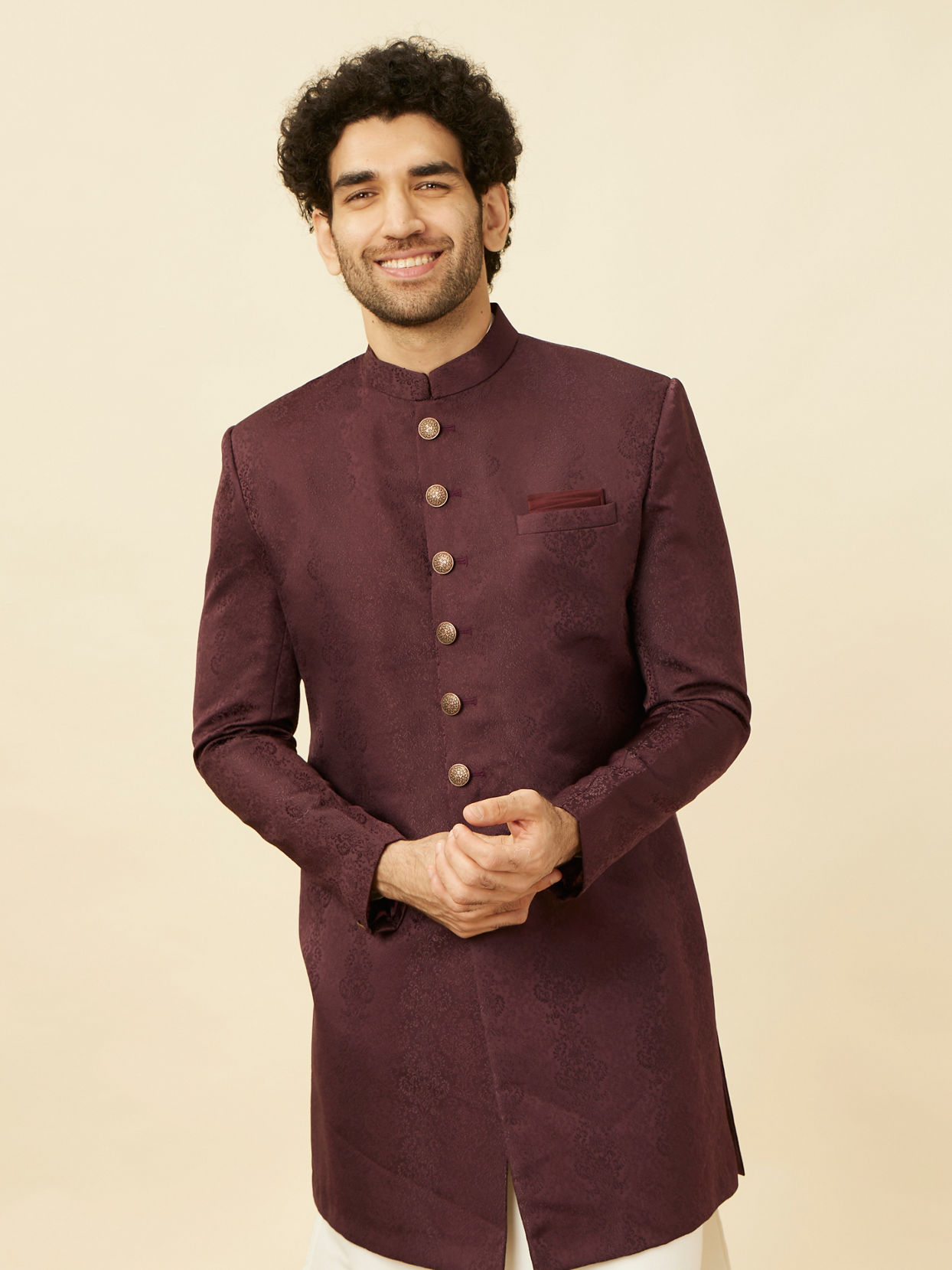 Manyavar Men Mauve Wine Medallion Patterned Indo Western Set image number 0