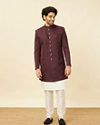 Manyavar Men Mauve Wine Medallion Patterned Indo Western Set