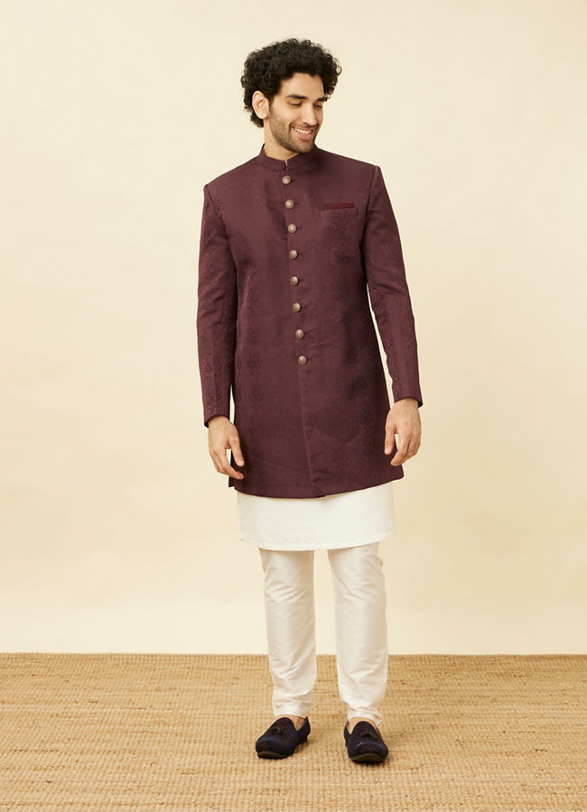 Manyavar Men Mauve Wine Medallion Patterned Indo Western Set image number 3