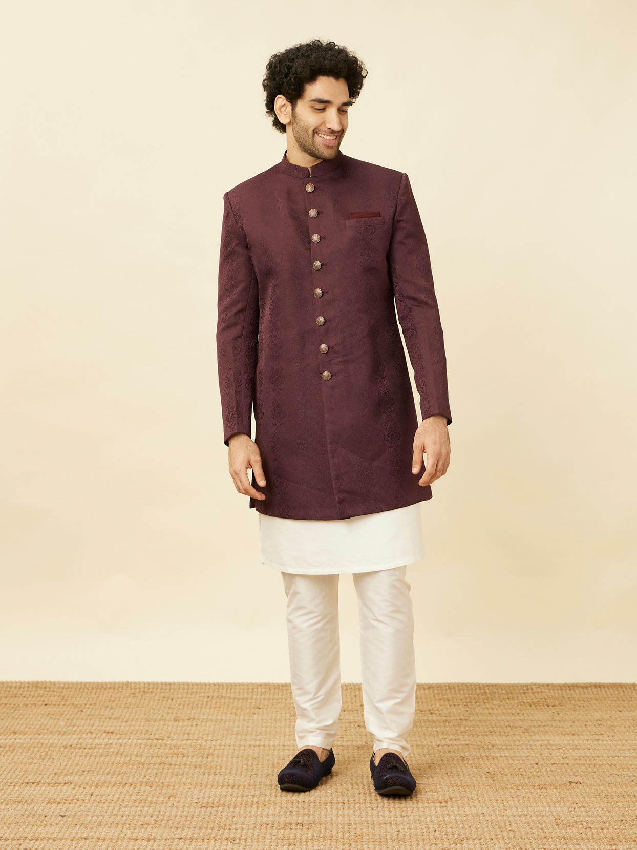 Manyavar Men Mauve Wine Medallion Patterned Indo Western Set image number 3