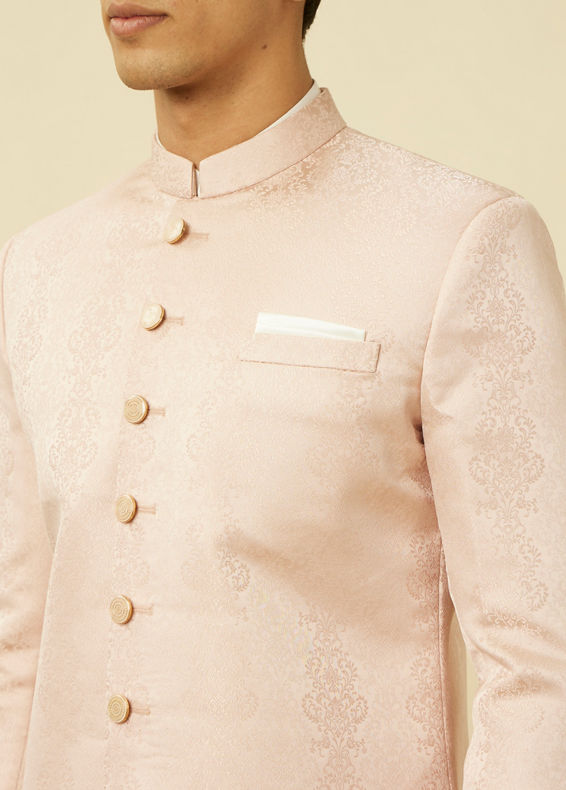 Manyavar Men Veiled Rose Pink Medallion Patterned Indo Western Set