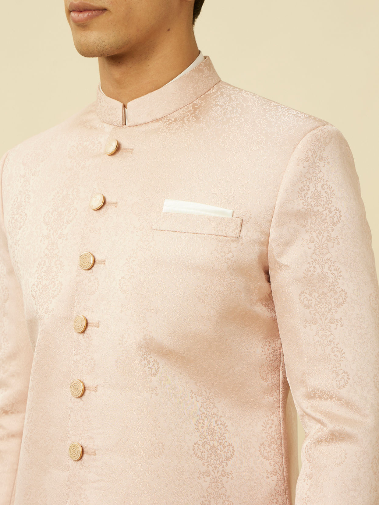 Manyavar Men Veiled Rose Pink Medallion Patterned Indo Western Set