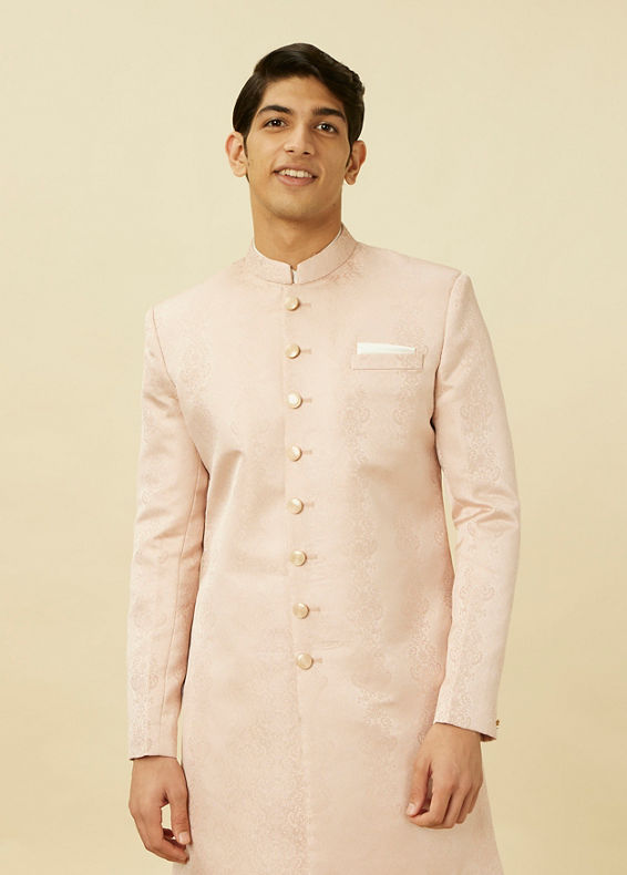 Manyavar Men Veiled Rose Pink Medallion Patterned Indo Western Set
