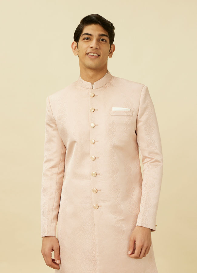Manyavar Men Veiled Rose Pink Medallion Patterned Indo Western Set