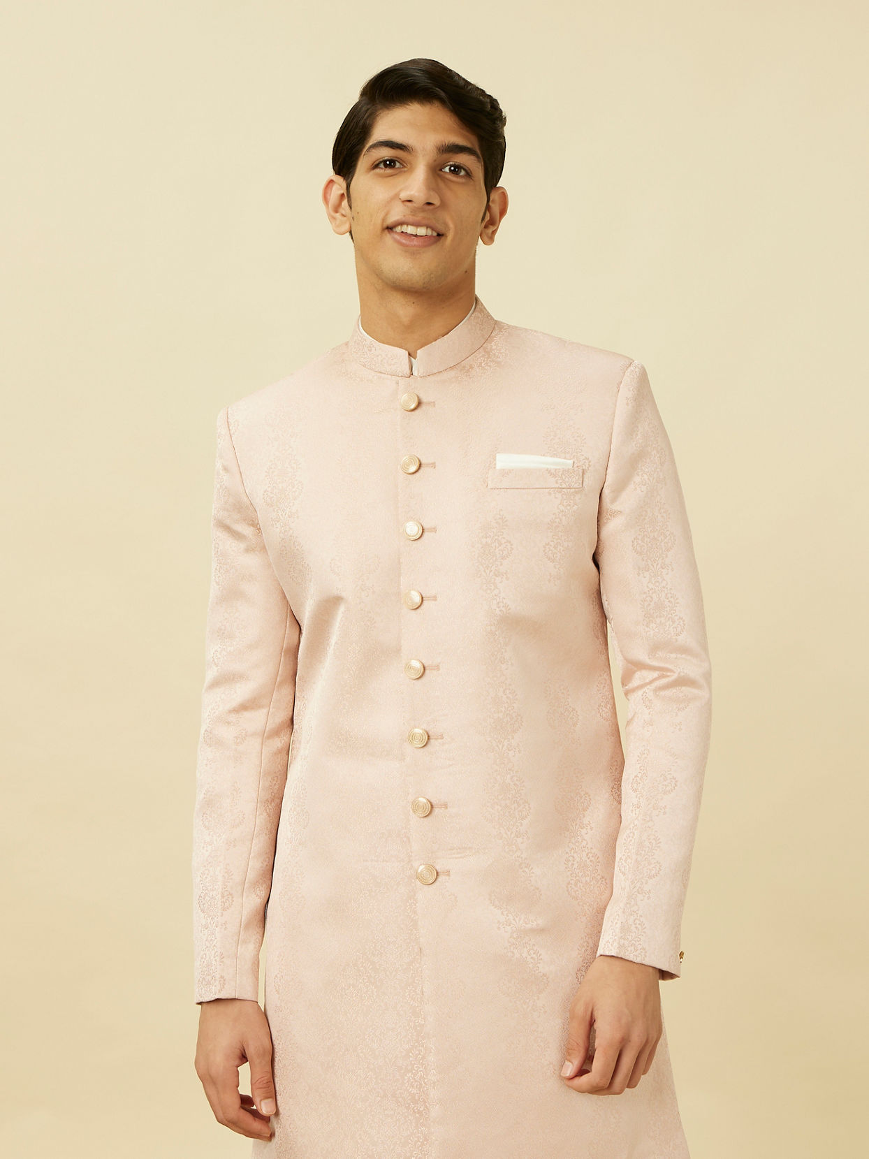 Manyavar Men Veiled Rose Pink Medallion Patterned Indo Western Set