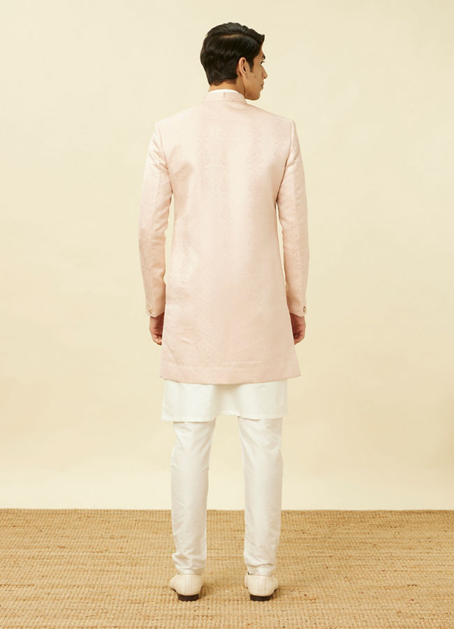 Manyavar Men Veiled Rose Pink Medallion Patterned Indo Western Set