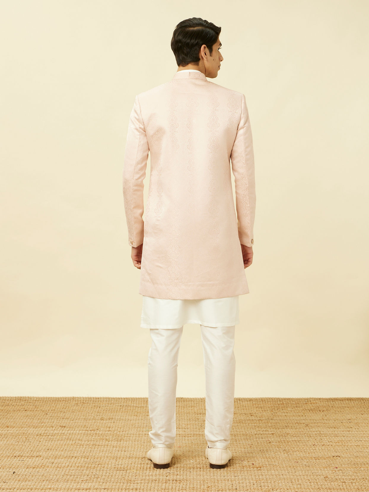 Manyavar Men Veiled Rose Pink Medallion Patterned Indo Western Set