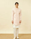 Manyavar Men Veiled Rose Pink Medallion Patterned Indo Western Set