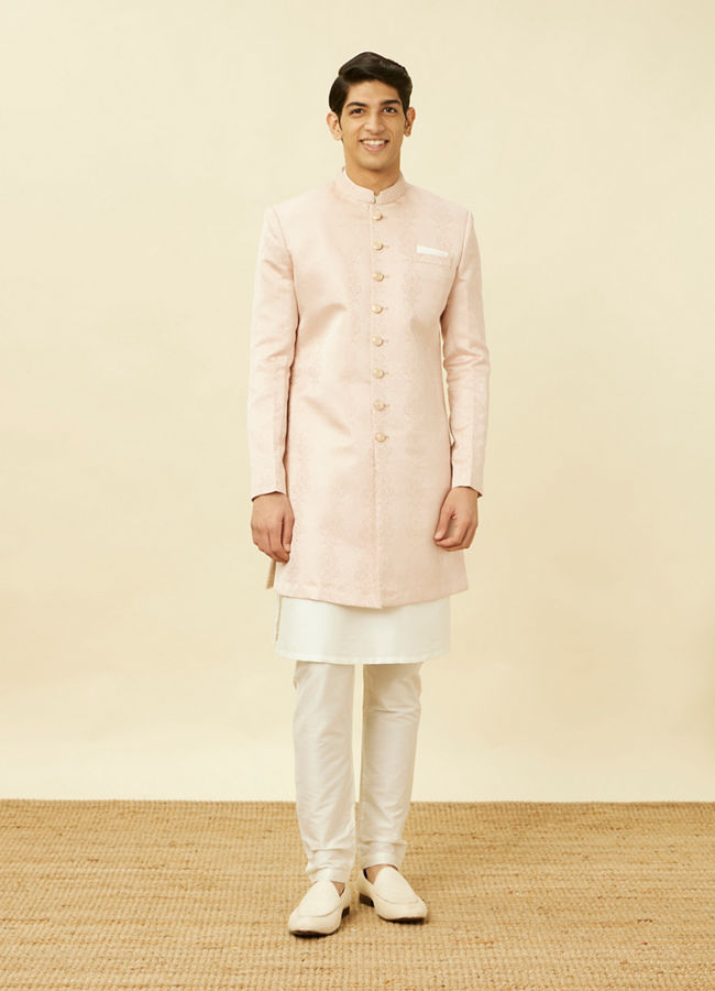 Manyavar Men Veiled Rose Pink Medallion Patterned Indo Western Set