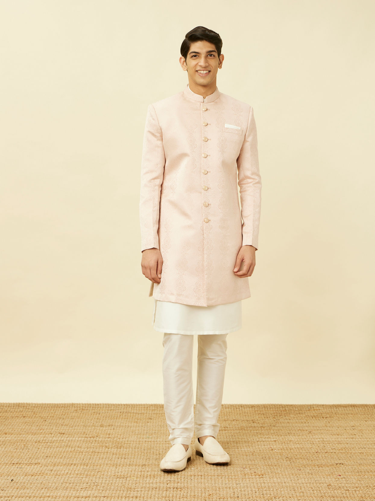Manyavar Men Veiled Rose Pink Medallion Patterned Indo Western Set