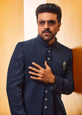 alt message - Manyavar Men Midnight Blue Diamond Patterned Indo Jacket Set image number 0