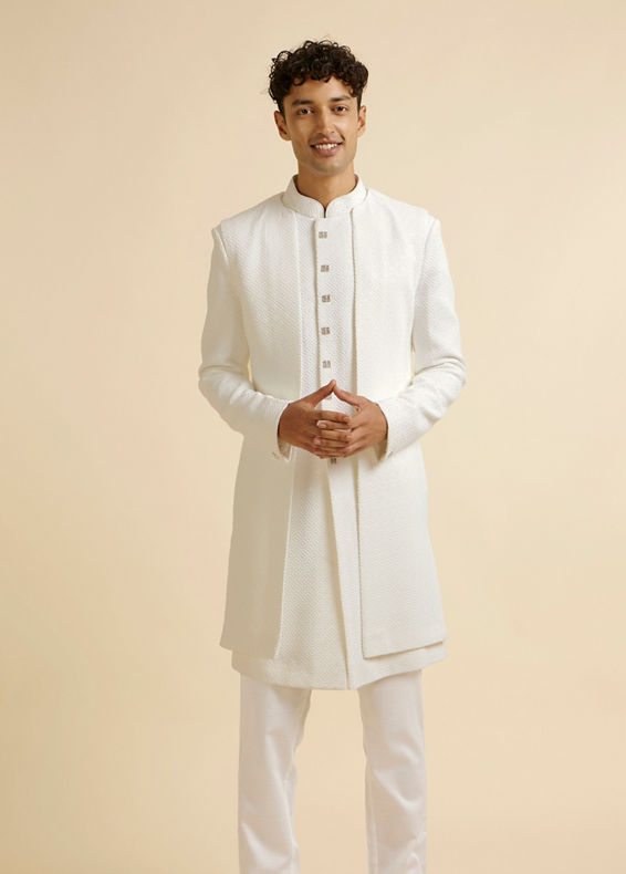 Manyavar Men White Sequinned Layered Indo Western Set